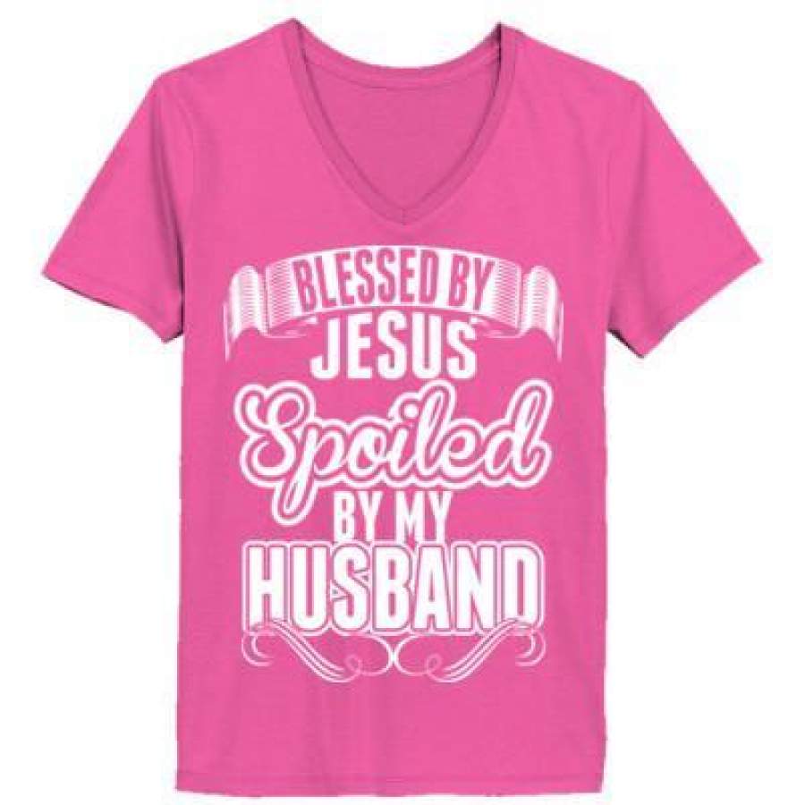 AGR Blesses By Jesus Spoiled By My Husband – Ladies’ V-Neck T-Shirt