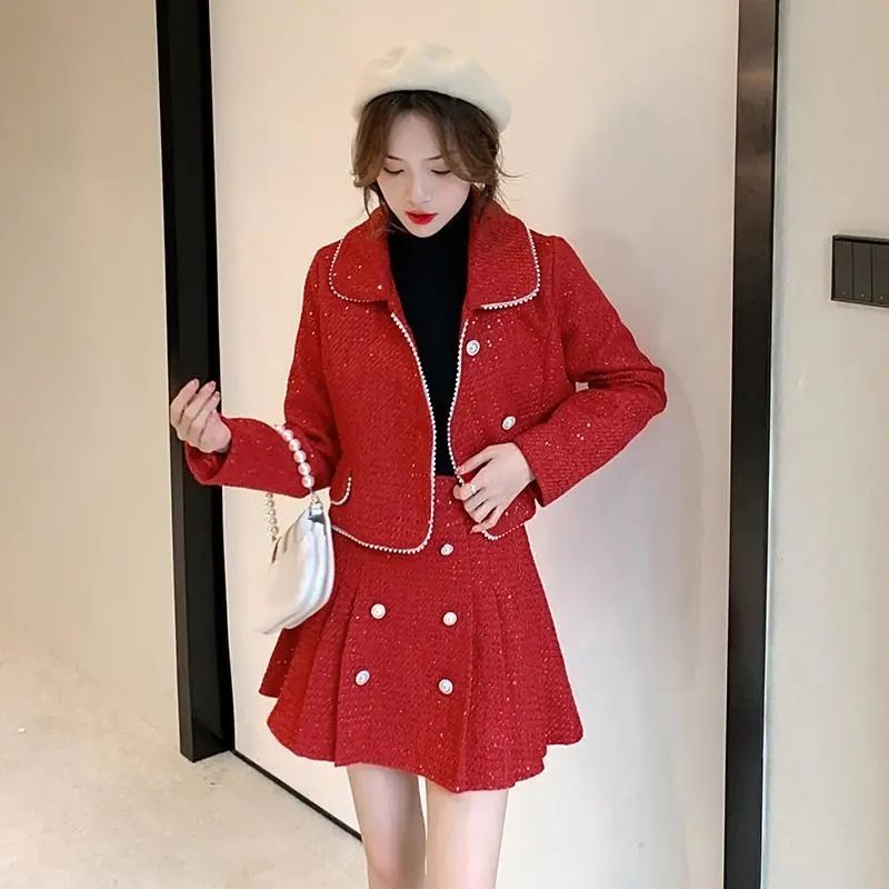 Women 2022 Autumn Winter New Woolen Suits Female Solid Color Short Jackets + High Waist Mini Skirts Ladies Two-piece Sets R364 alx