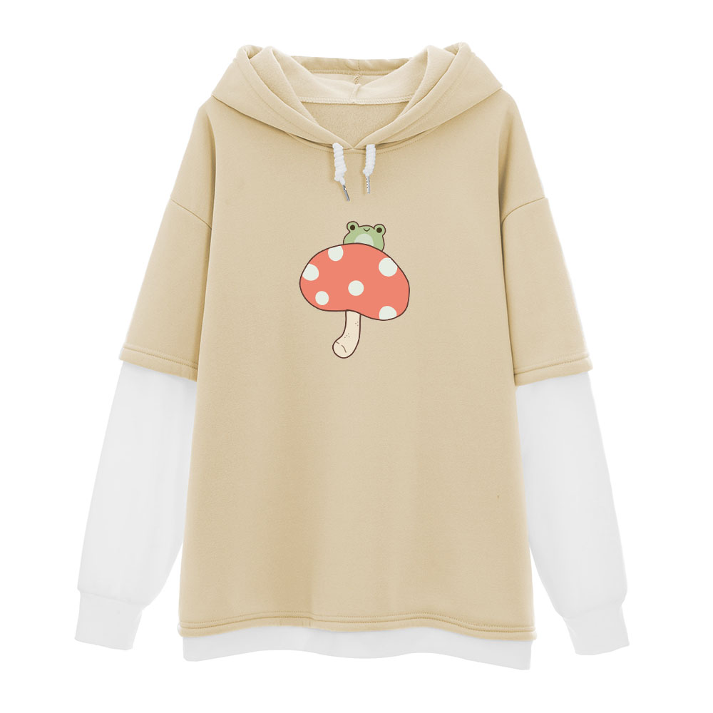 Women Hoodie Mushroom Frog Pullove Fashion Stitching Cute Plus Velvet Long-Sleeve Hooded Sweatshirt Top Harajuku Kawaii Clothes alx