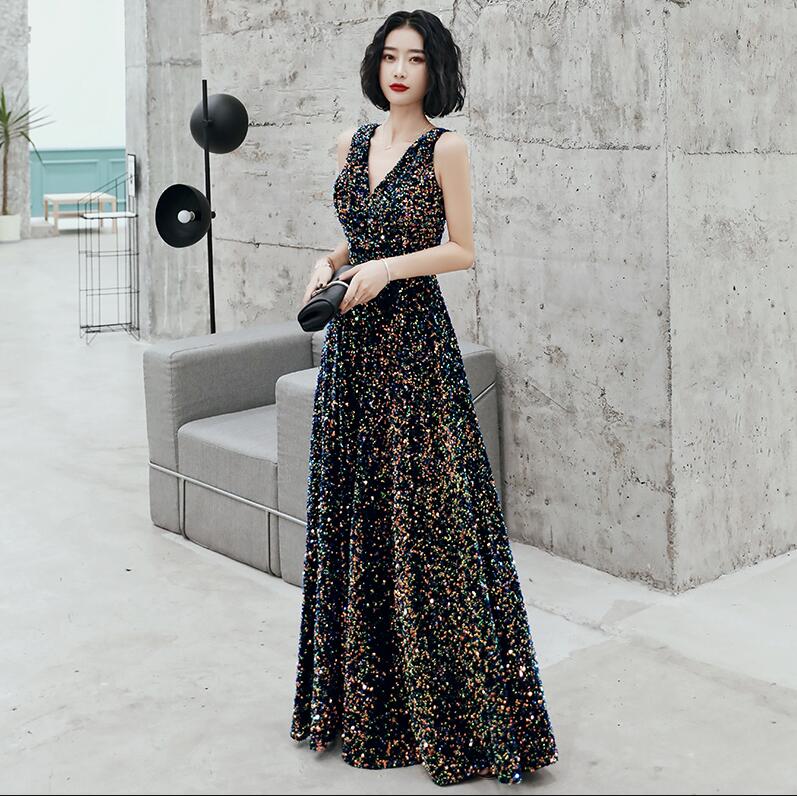 wei yin AE0220 Sequined A Line Vintage Long Evening Dresses 2019 Sleeveless Floor Length Party Prom Dress Vestido De Noiva alx