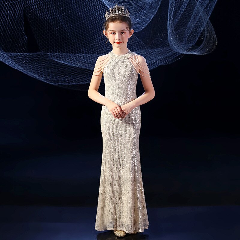 All Over Sequin Long Dress Party for Kid Girls 3 To 12 Years Elegant Sexy Evening Pageant Vintage Gown Child Floor Length Dress alx