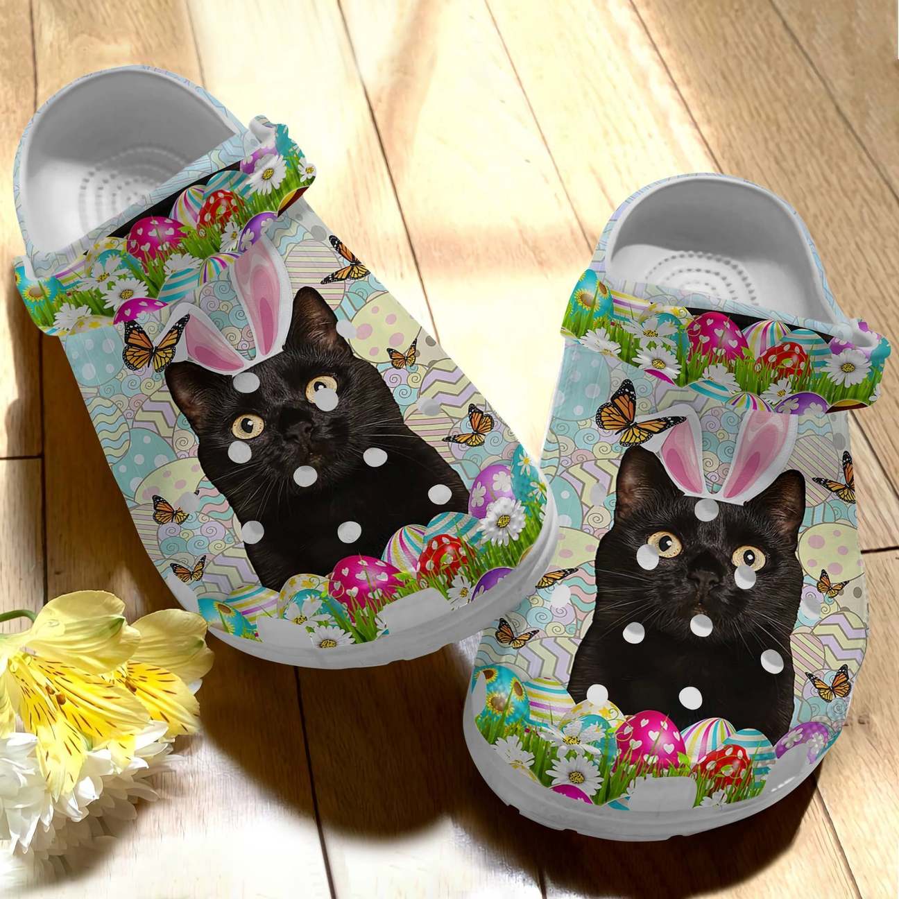 Black Cat Personalized Clog, Custom Name, Text Happy Easter Black Cat, Fashion Style For Women, Men, Kid, Print 3D