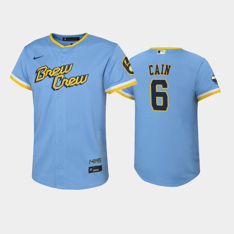 2022-23 City Connect Youth Milwaukee Brewers Lorenzo Cain 6 Lorenzo Cain Jersey – Powder Blue