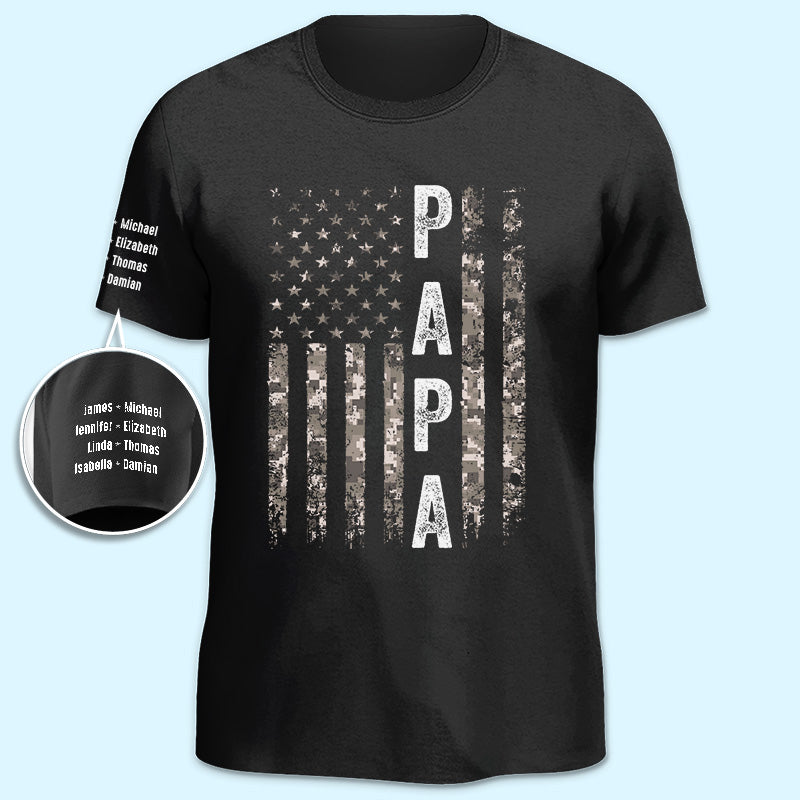 The Legend Daddy Papa – Family Personalized Custom Unisex T-Shirt With Design On Sleeve – Father’S Day, Birthday Gift For Dad, Grandpa