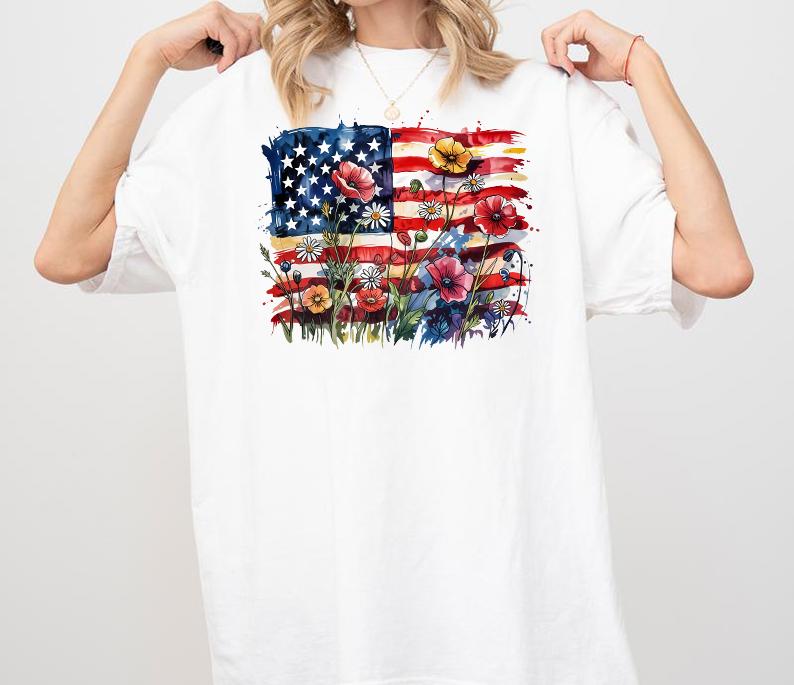 Comfort Colors American Flag Floral Patriotic Shirt, Graphic Wildflower Boho 4th Of July Tee, Poppy And Daisy Flag Preppy, Independence Day Shirt