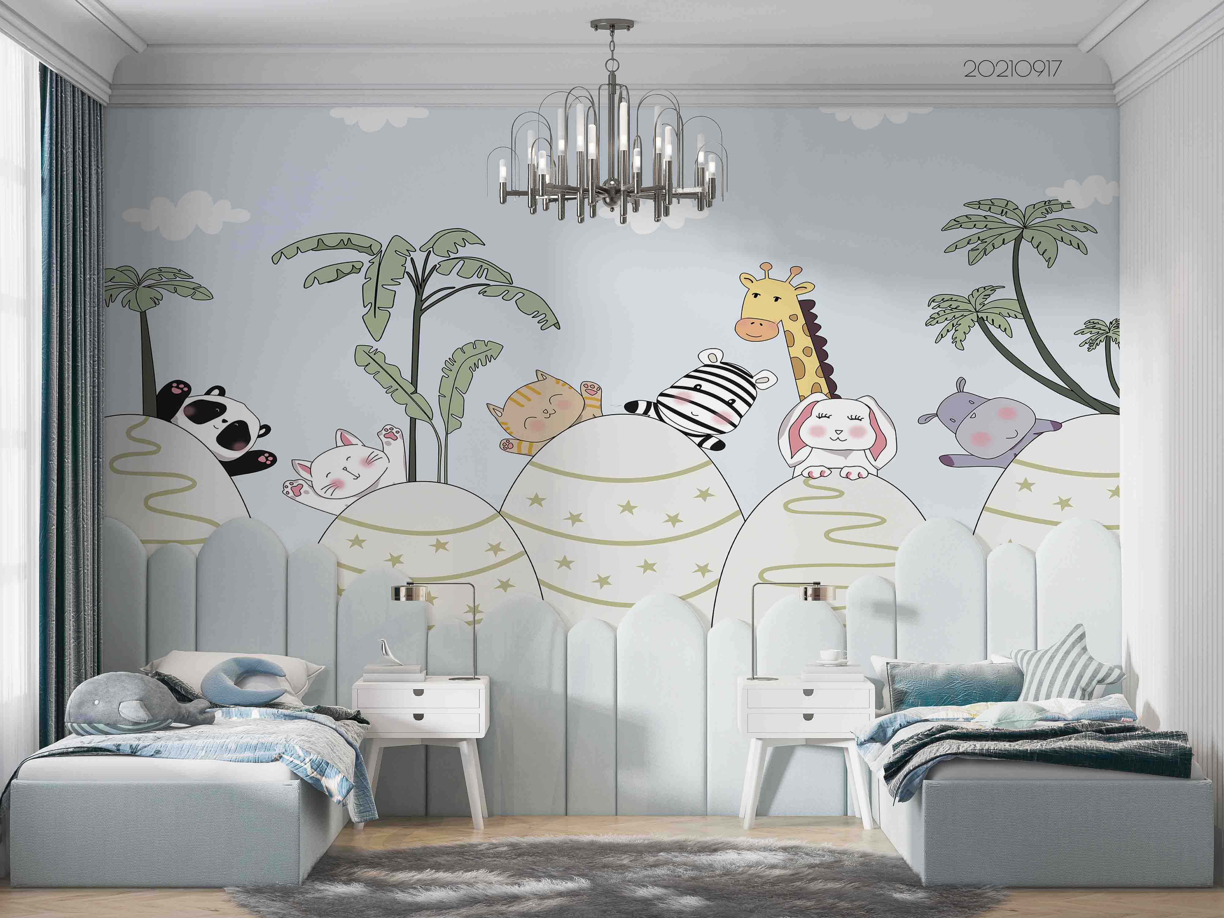 3D Cartoon Coconut Tree Animal Giraffe Zebra Wall Texture Wall Mural Wallpaper Lqh 102