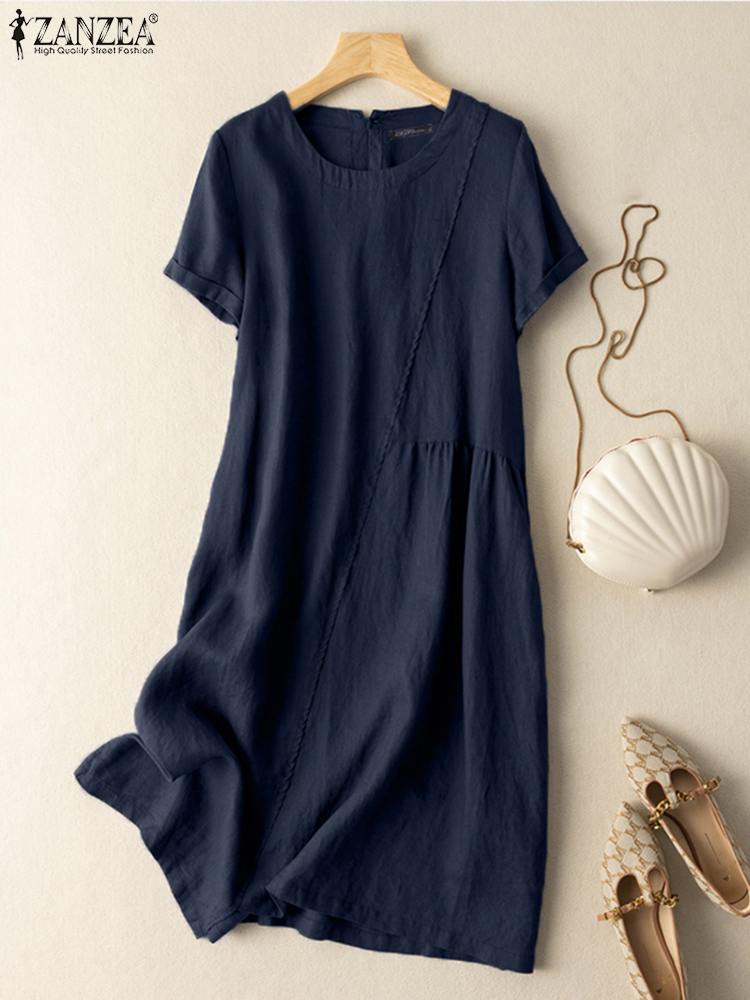 Vintage Asymmetrical Dress Women Summer Sundress 2022 ZANZEA Casual Short Sleeve Midi Vestidos Female O neck Solid Robe Femme alx