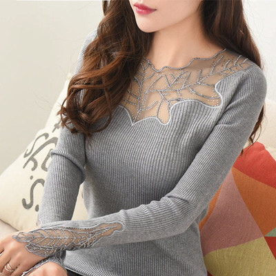 Women Pullovers 2021 Cashmere Sexy Lace Pullover Sweaters Fashion Patchwork Hollow Out Ruffled Collar Knitted Tops Pull Femme alx