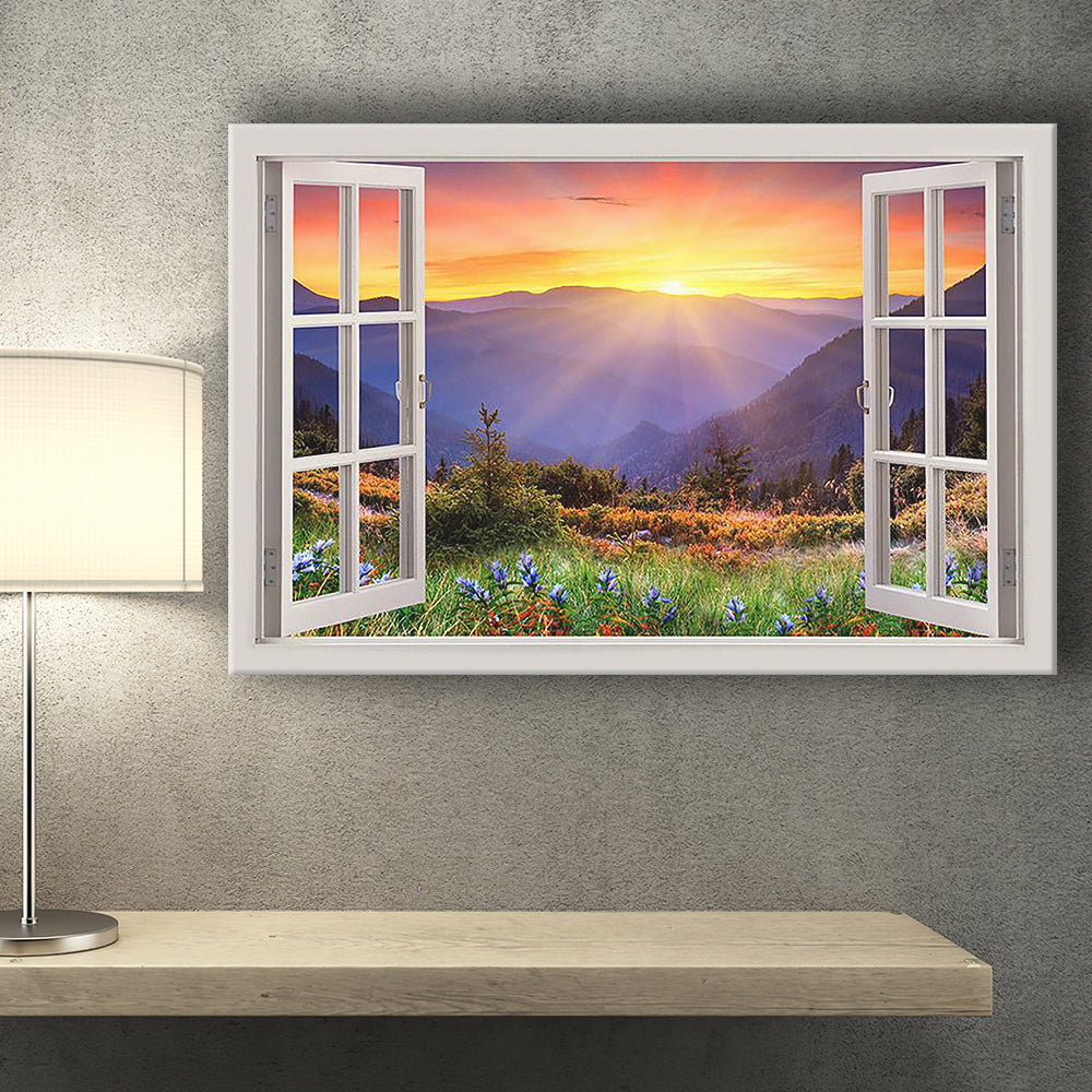 Sunrise Over Mountains 3D Window View Canvas Print – Canvas Painting, Canvas Art, Wall Art, Wall Decor