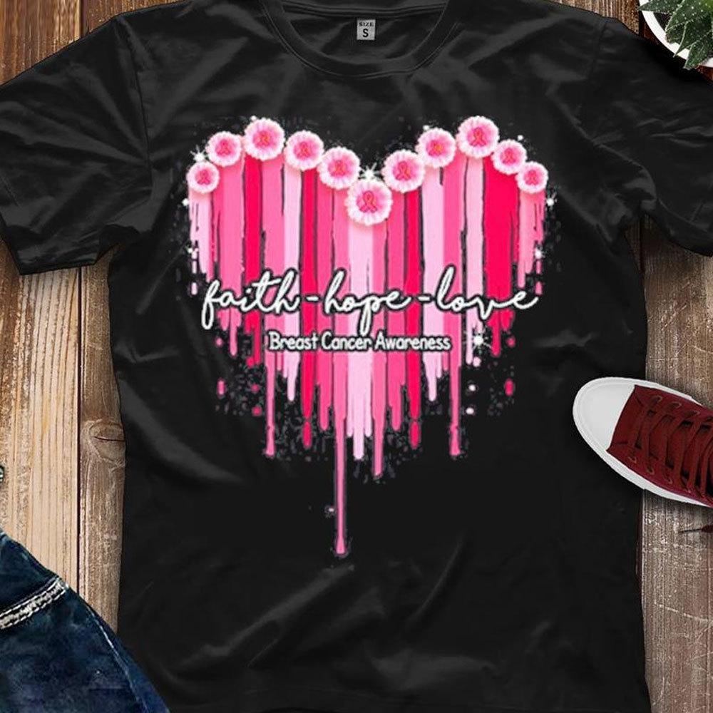 Breast Cancer Shirts Faith Hope Love With Pink Heart, Breast Cancer Awareness Apparel