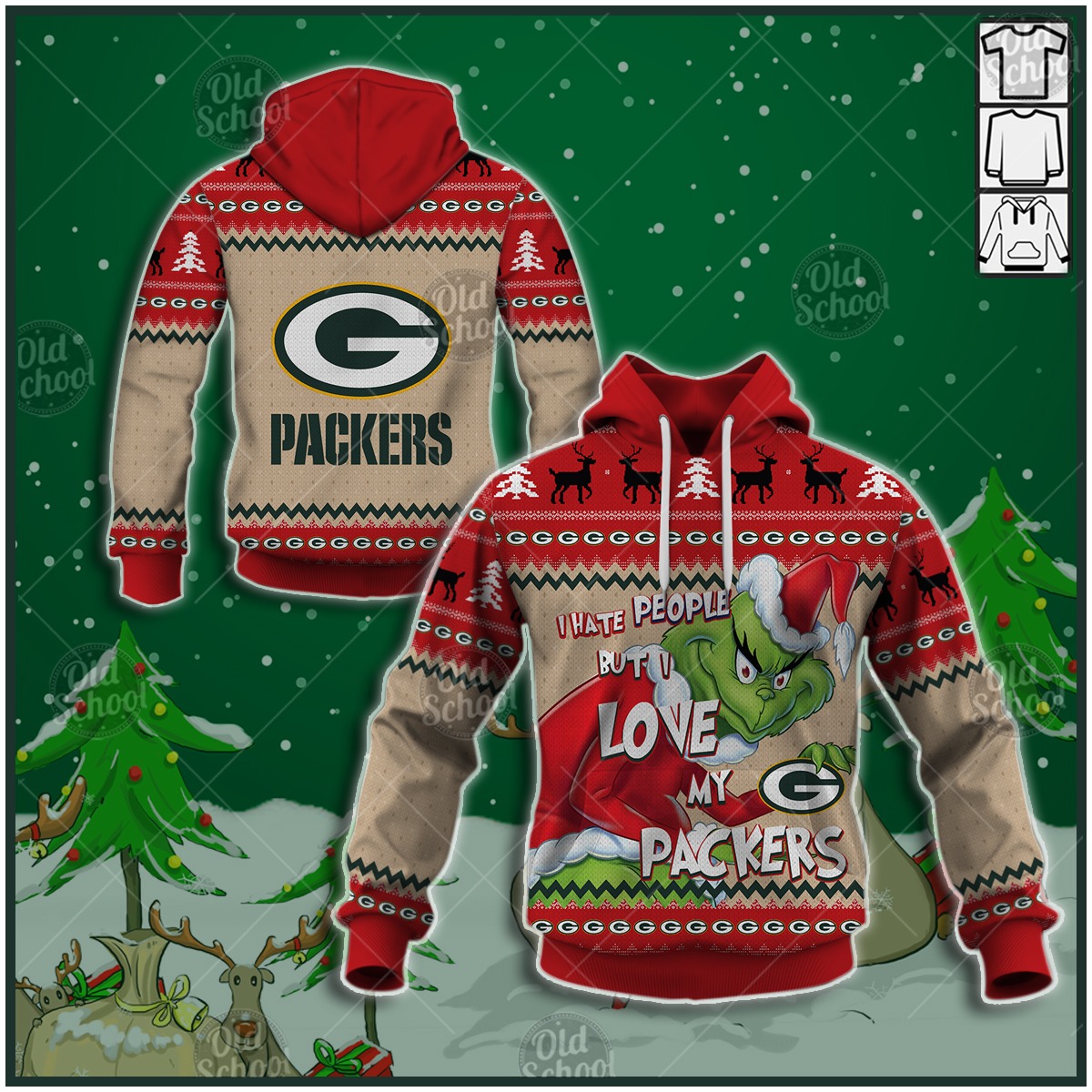 Green Bay Packers X Grinch Christmas Ugly Sweater Style Personalize Hoodies