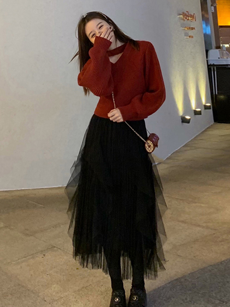 Sweet V-Neck Knitted Sweater Top Pleated Midi Skirt Two Piece Sets Womens Elegant Evening Outifits Winter 2022 Festival Clothing alx