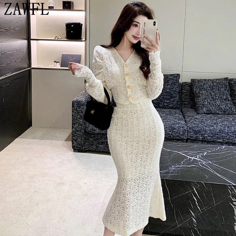 ZAWFL Fashion Elegant Lace Women Skirt Sets Long Sleeve Blouse Tops + High Waist Slim Skirts Korean 2 Pieces Outfits alx