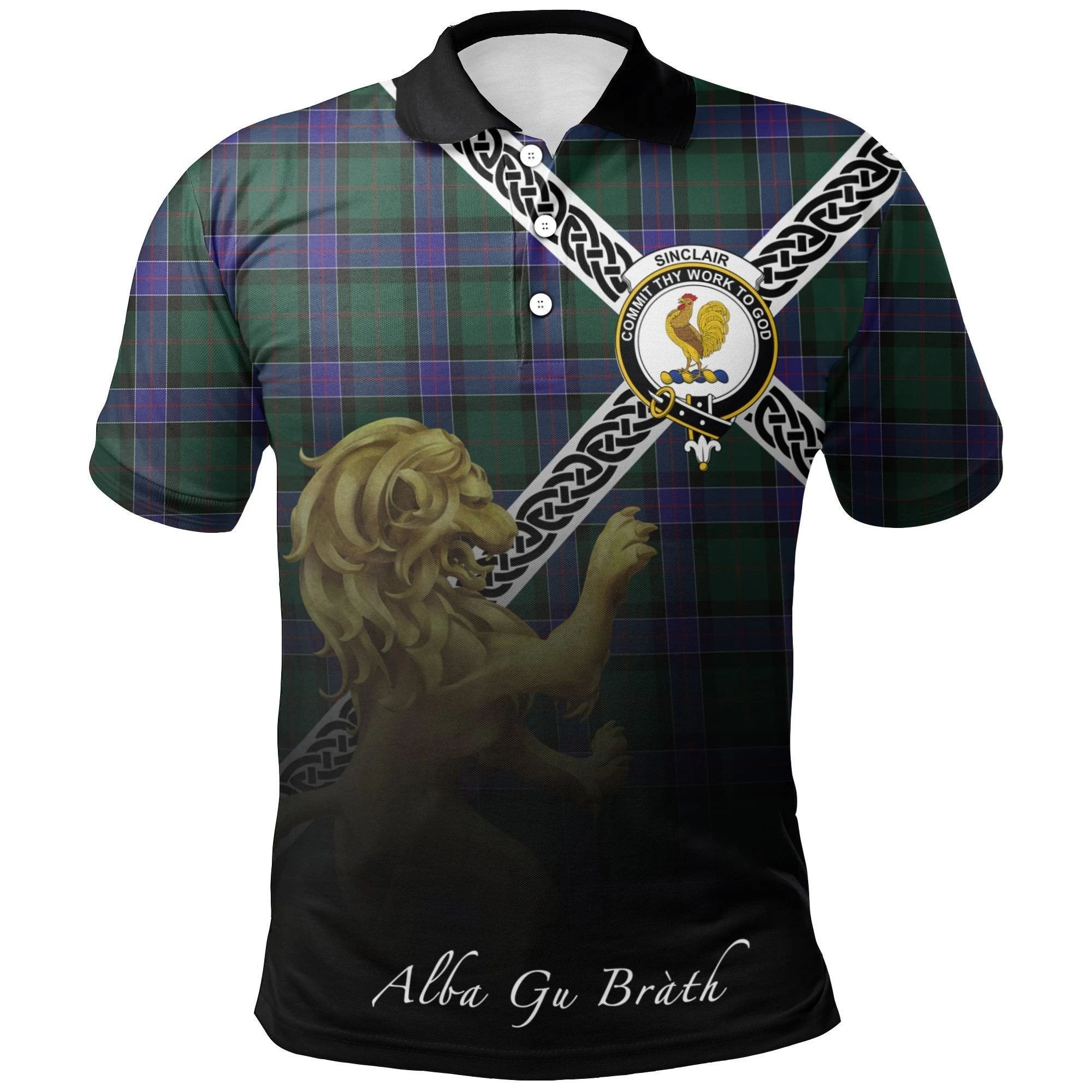 Sinclair Hunting Modern Clan Polo Shirt, Scottish Tartan Sinclair Hunting Modern Clans Polo Shirt Celtic Lion Style