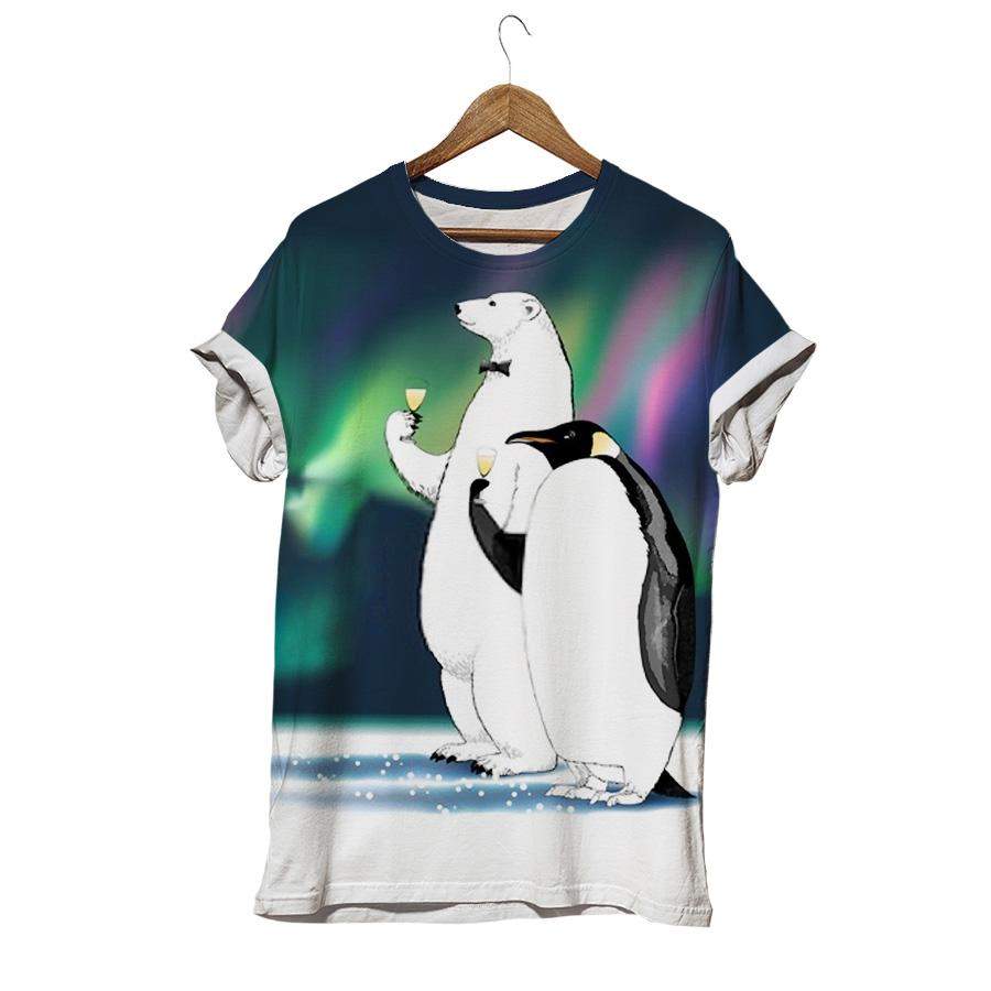 Penguin Polar Bear Drinking Glass Of Champagne T-shirt