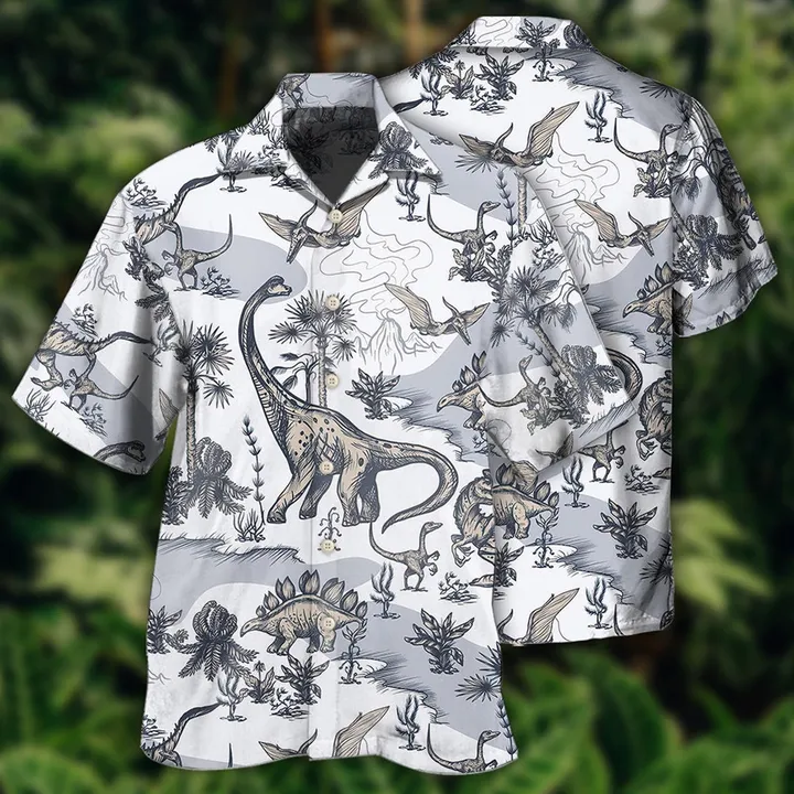 Unifinz Jurassic Park Hawaiian Shirt Jurassic Dinosaur Prehistoric Black White Tropical Hawaii Shirt Jurassic Park Aloha Shirt 2022