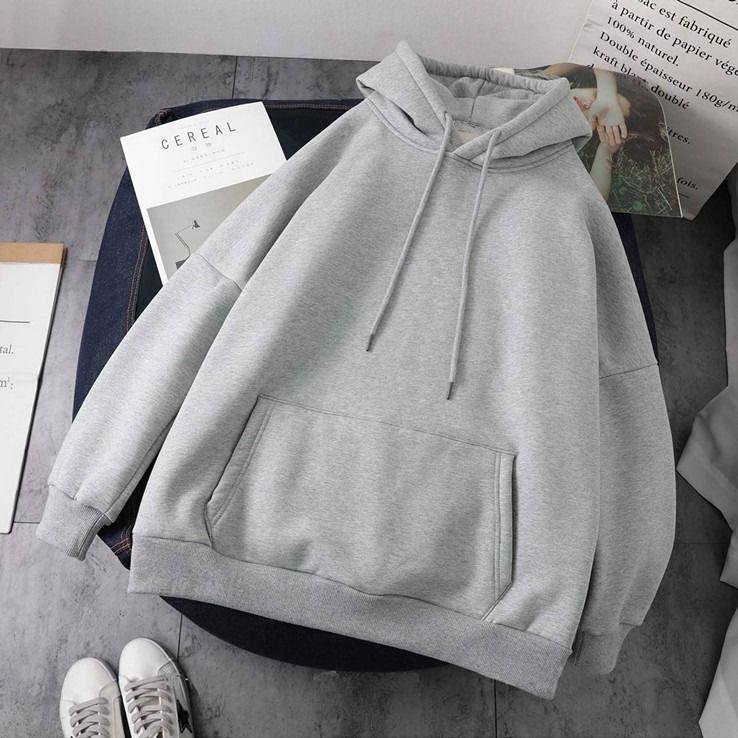 Women Winter Plus Velvet Padded Sweatshirt Warm Imitation Lamb Velvet Pure Gray Black Pullover Harajuku Loose Tops Hoodie alx