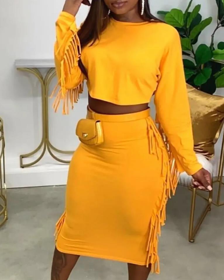 2022 Women’s Dress Set Fashion Long Sleeve Crew Neck Fringe Decorative Top and Casual Midi Skirt 2 Piece Set alx