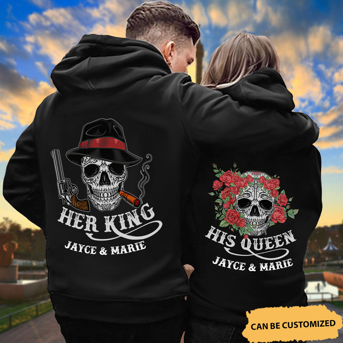 Personalized Gangster Skull Her King His Queen Gun Roses Couple Hoodie, Skull Couple Hoodie, Custom Couple Hoodie, Husband Wife Hoodie, Skull Hoodie