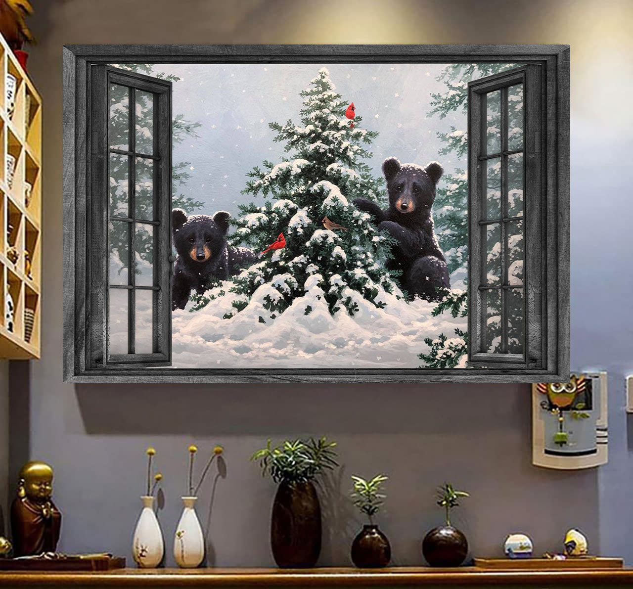 Bear 3D Wall Art Painting Art 3D Wild Animals Lover Bear Pine Tree Home Decoration Gift Idea Mother Day Christmas