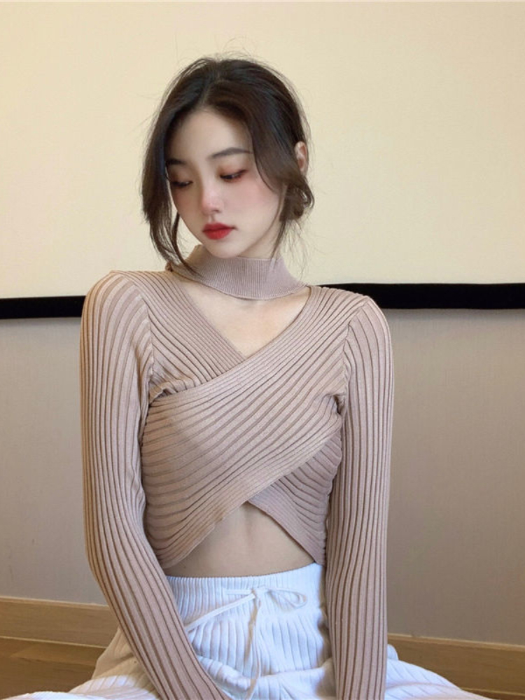 Sweater Pullovers Women Autumn Solid Sexy Design New Fashion Ladies All-match Chic Soft Slim Knitwear Korean Style Leisure Retro alx