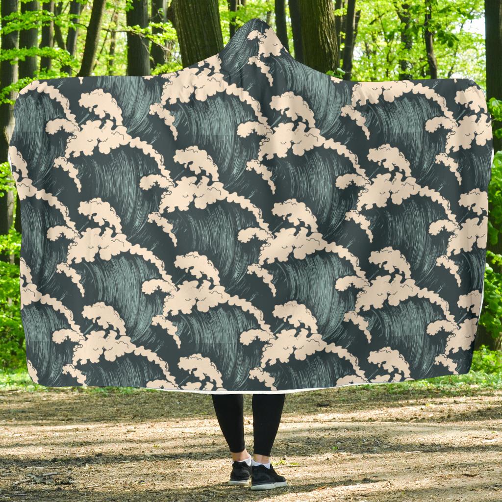 Wave Art Print Hooded Blanket