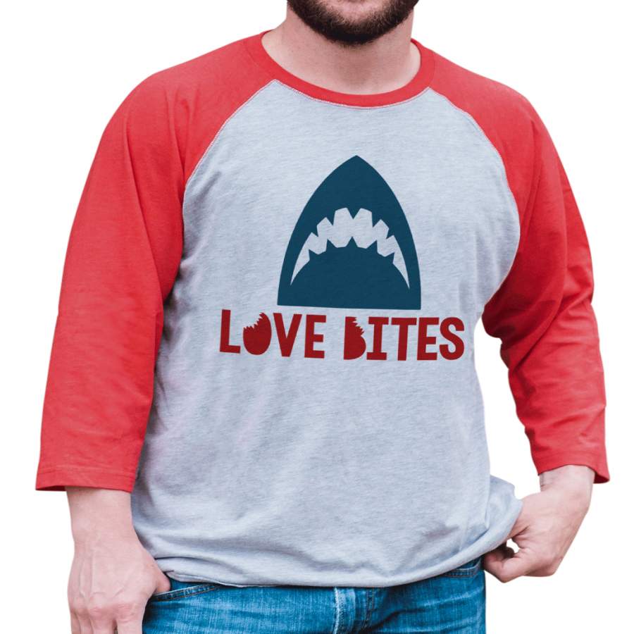 7 ate 9 Apparel Men’s Love Bites Shark Valentine’s Day Red Raglan Shirt