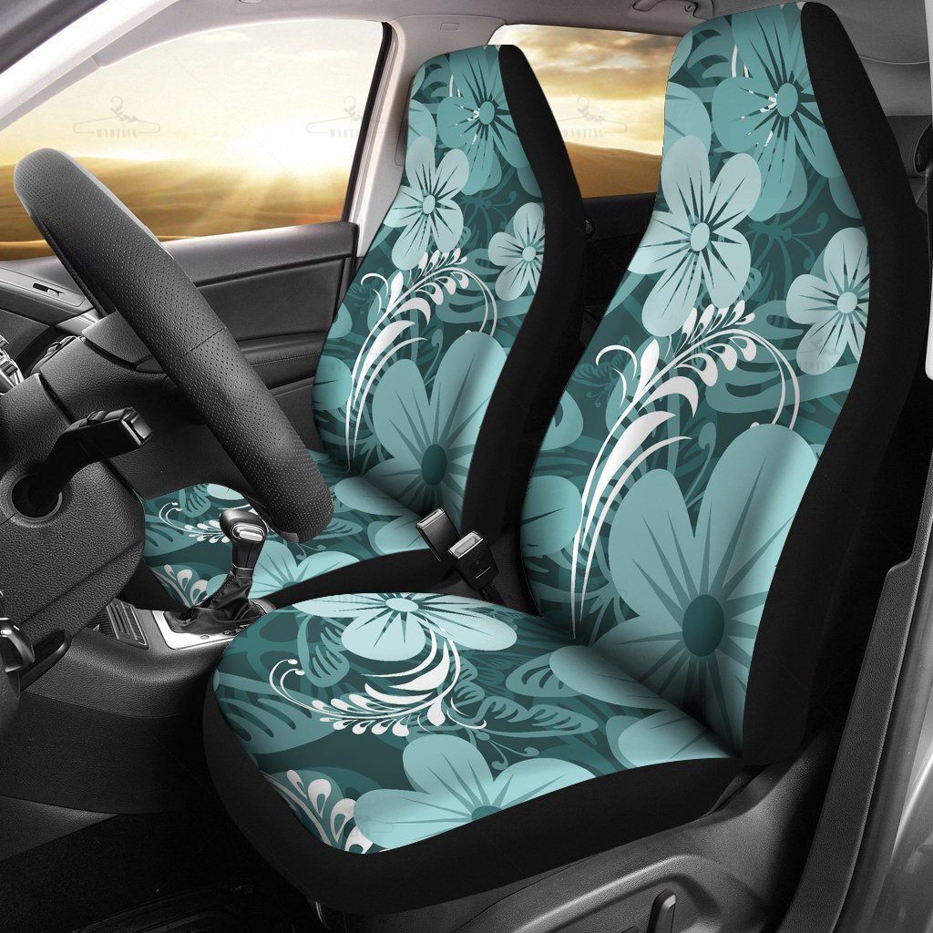 Light Green Teal Aloha Floral Flowers Car Seat Covers Pair, 2 Front Car Seat Covers, Seat Cover For Car, Car Seat Protector, Car Accessory