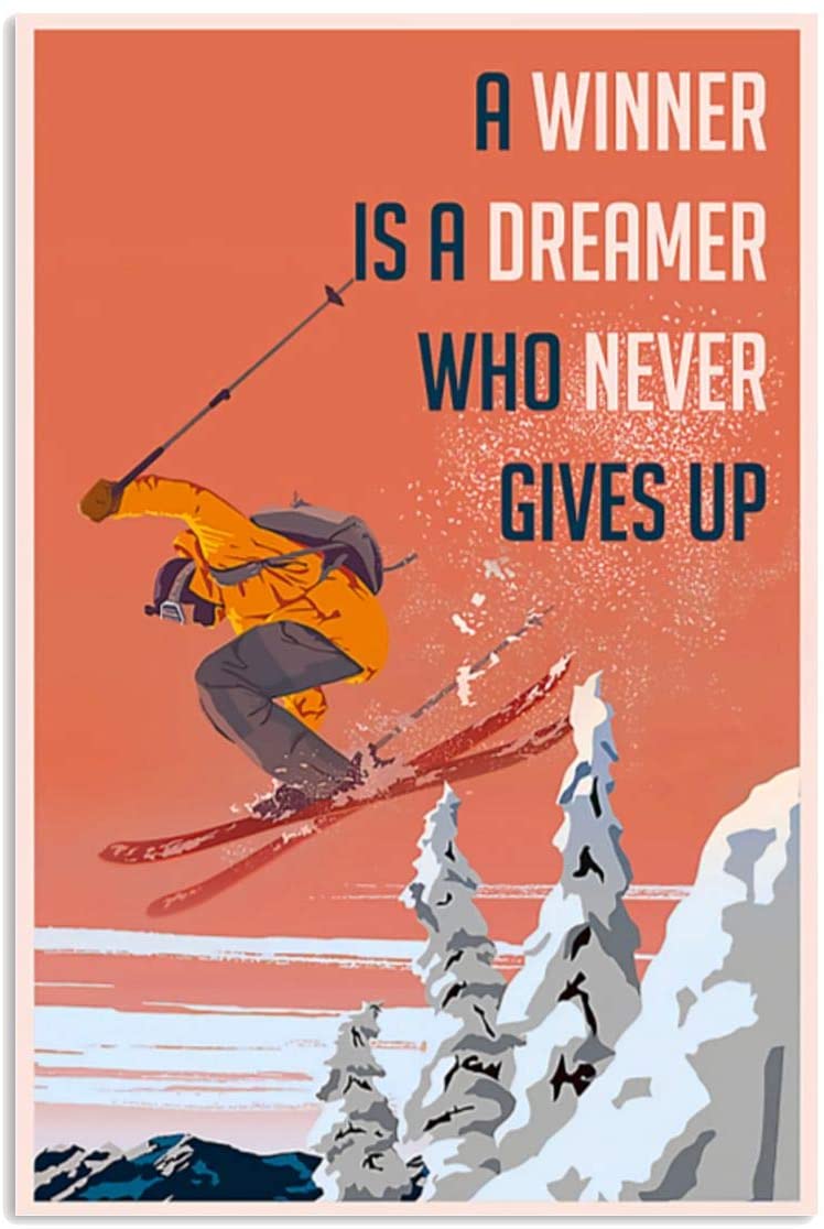 Vintage Man Skiing A Winner Never Gives Up Dreamer Poster Art Print      Home Decor Gift For Men Women Family Friend On Birthday Xmas