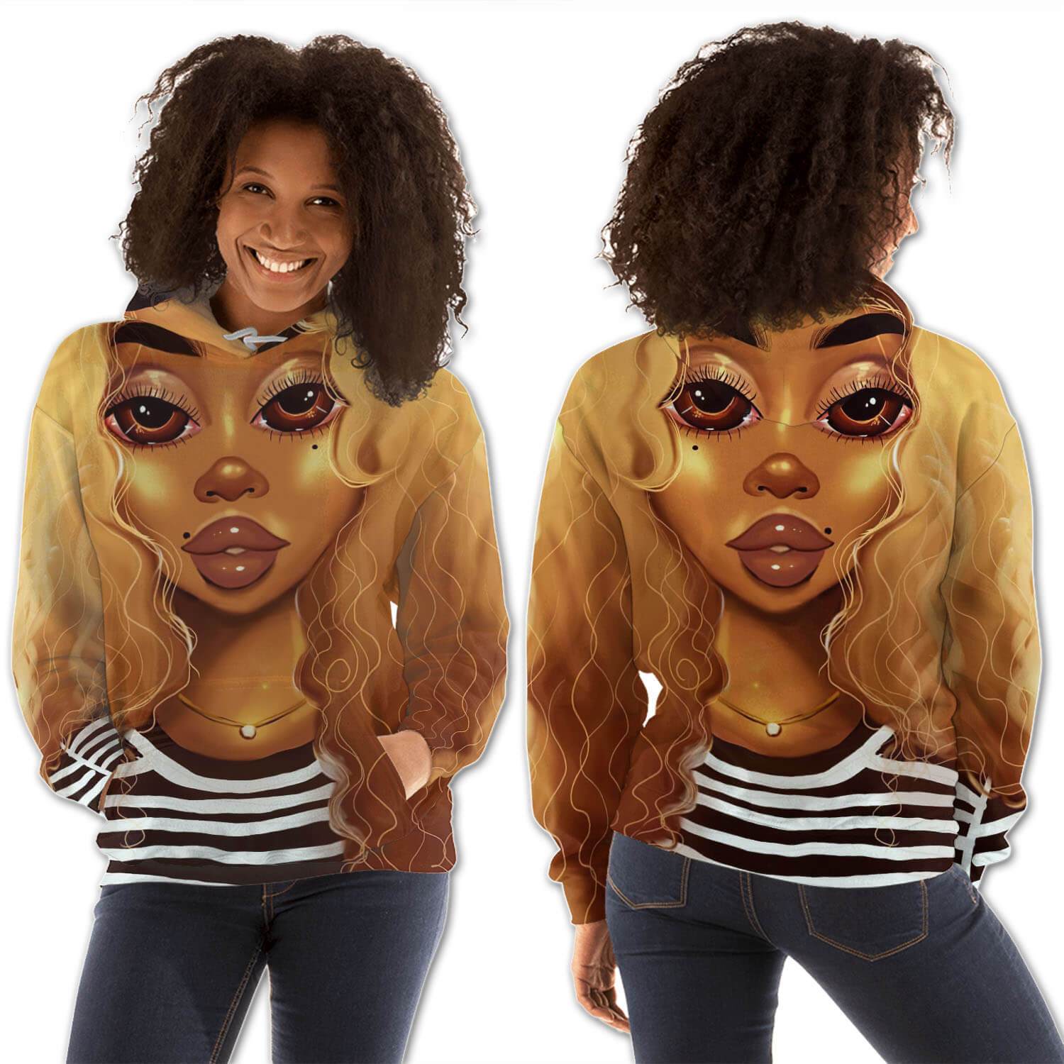 African American Hoodies Cute Black Afro Lady All Over Print Womens Hooded Sweatshirt African American Apparel BPS99038