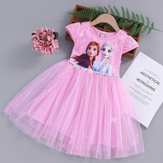 Baby Girls Clothing Birthday Party Dress 2022 New Style Cartoon Elsa Pattern Dress White Bow Puff Sleeve Mesh Tutu Dress 1-7Y alx