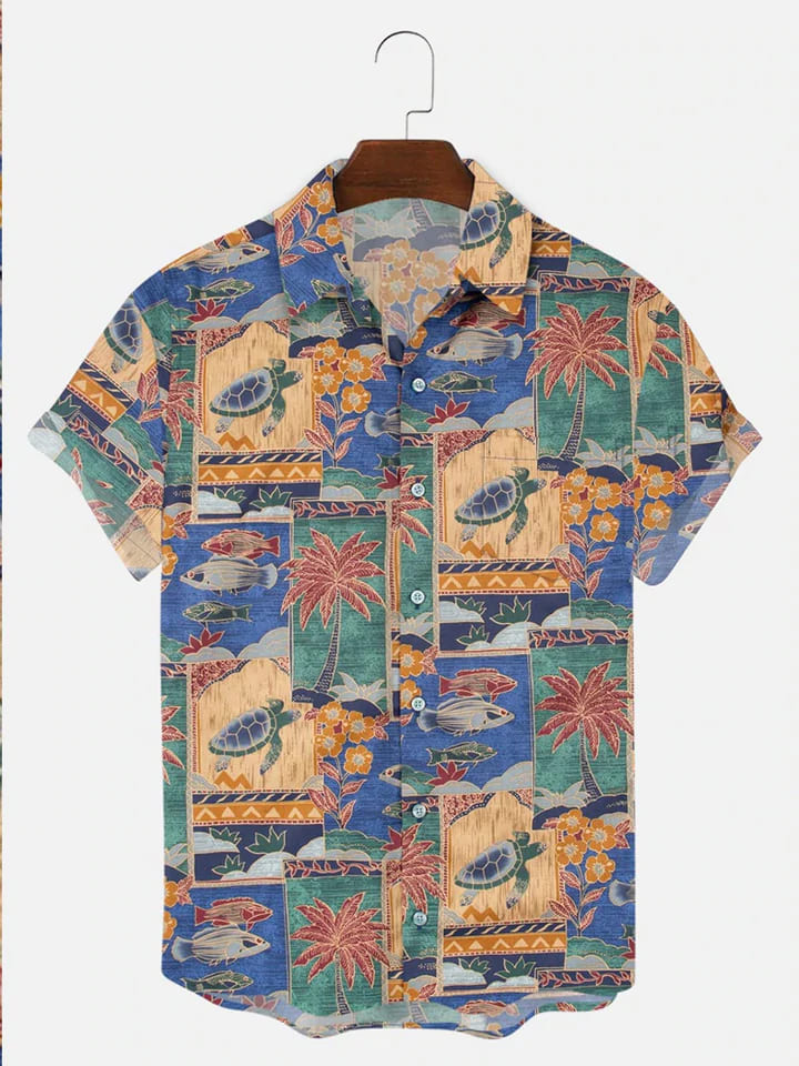 Men’S Wrinkle Free Vintage Casual Tribal Shirts Turtle Pattern Seersucker