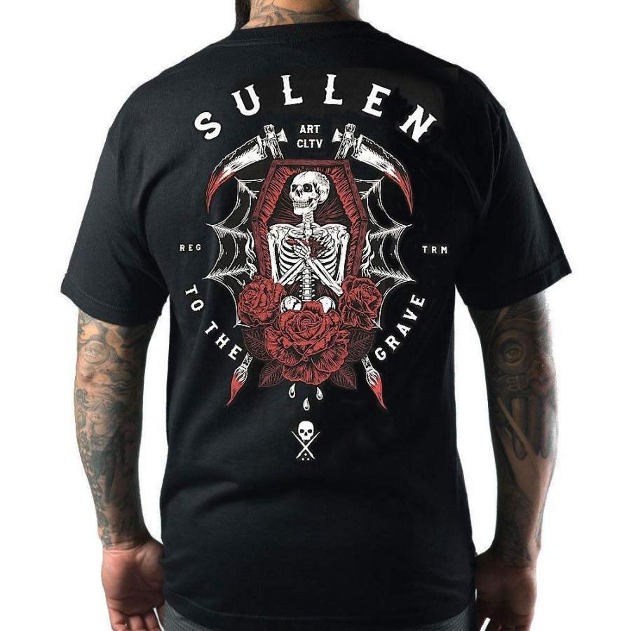 Sullen Men’S To The Grave T Shirt Black Tee Tattooed Hip-Hop Chiffon T-Shirt Men