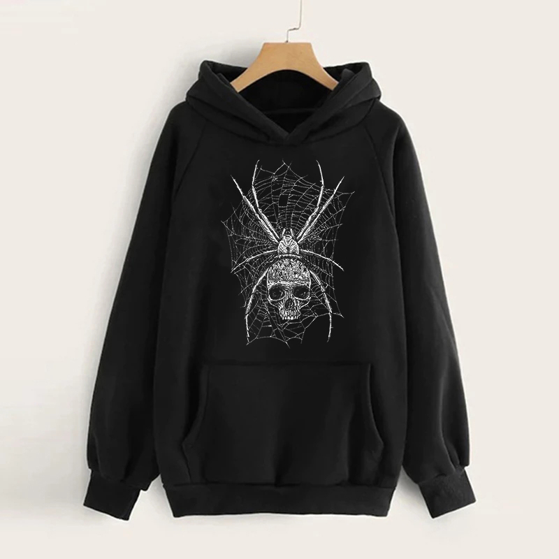 Y2K Fun Spider Pattern Print Korean Oversized Fashion Casual Hoodie Ulzzang Black Vintag Gothic Sweatshirt Hip-hop Streetwear alx