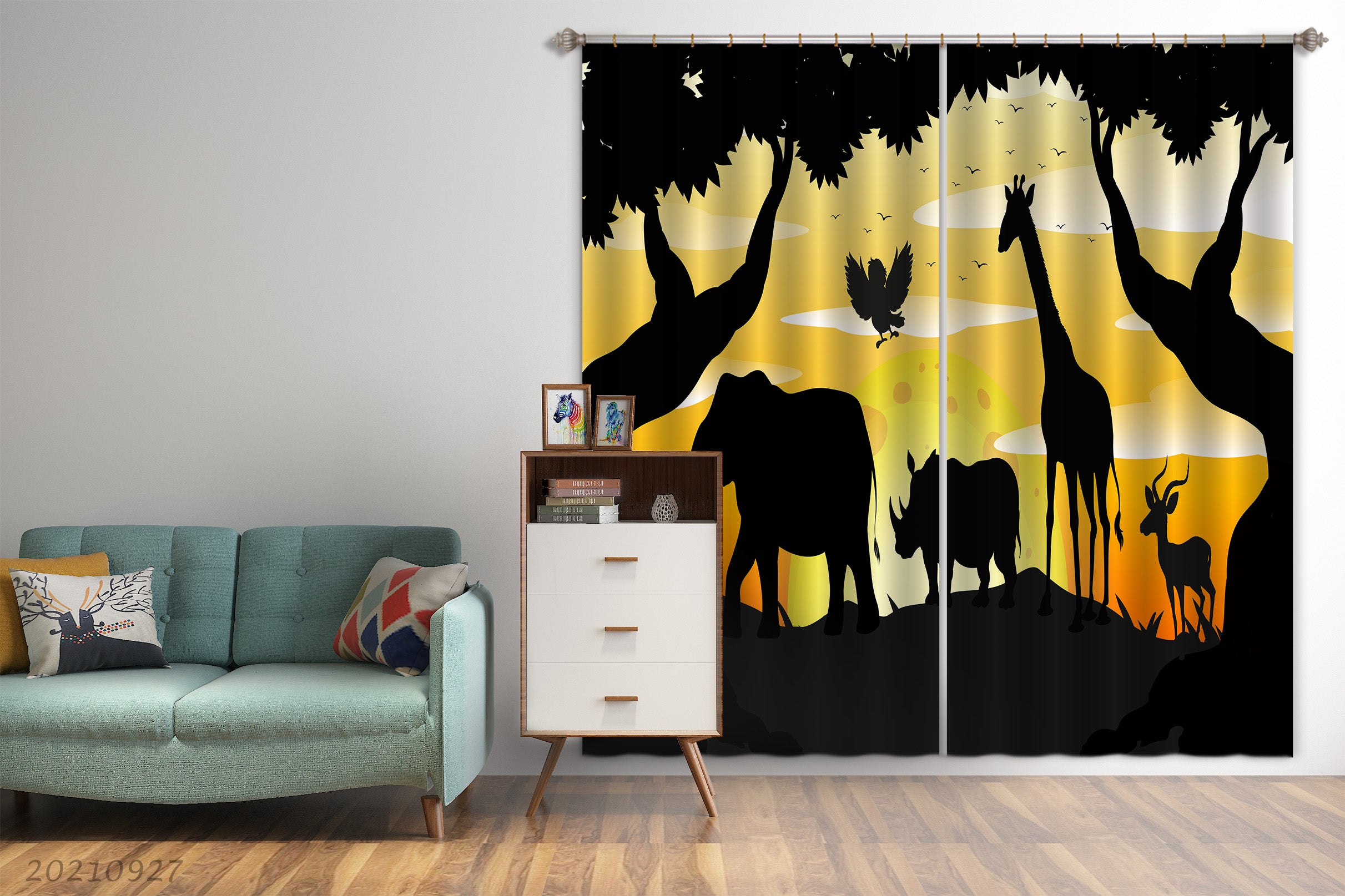 3D Cartoon Sunset Forest Animal Curtains And Drapes Lqh 171