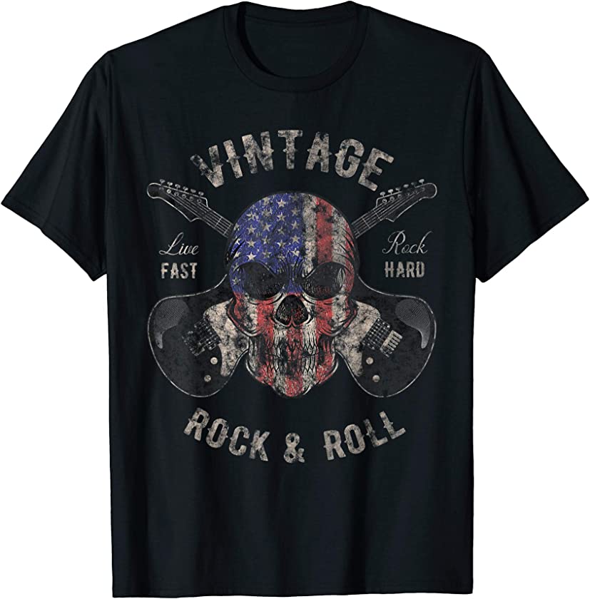 American Flag Guitar Vintage Rock and Roll Skull Guitarist T-Shirt