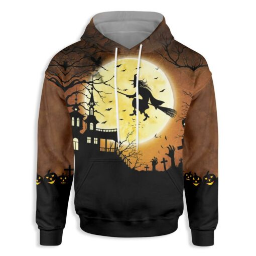 Halloween Night Flying Witch Over A Castle All Over Print Hoodie For Men & Women, Spooky Halloween Hoodie Gift For Halloween