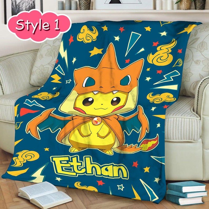 Personalized Pokemon Blanket With Name, Pikachu Blanket Birthday Gifts