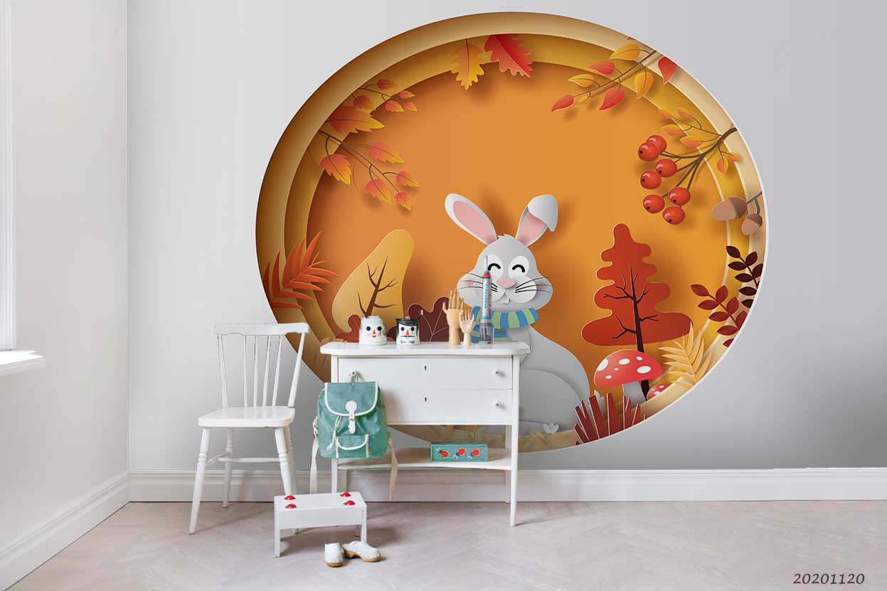 3D Cartoon Autumn Forest Rabbit Wall Mural Wallpaper Lqh 279