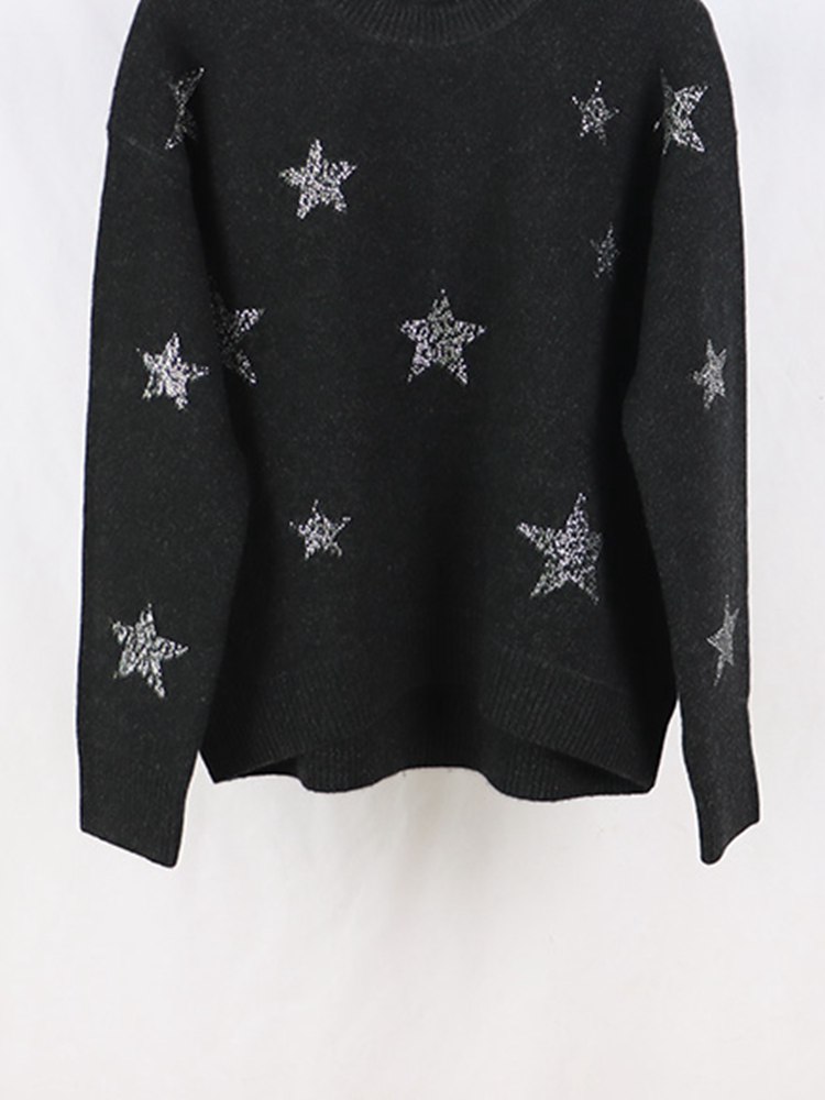 2022 Autumn Winter New Women Pullover Star Pattern Black Crew Neck Sweater alx