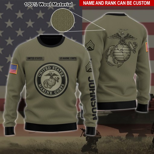 United States Marine Corps Veteran Camo Gift Personalized 100% Wool Material Ugly Sweatshirt Ugly Sweater Custom Name And Rank