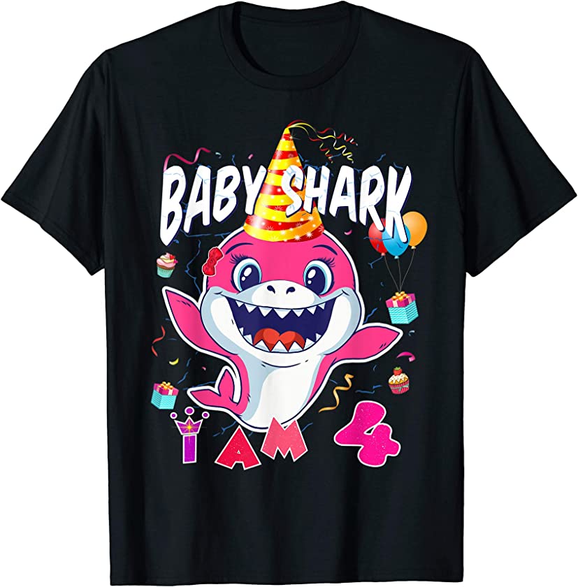 4th Birthday Girl Baby Shark I Am 4 Years Old T-Shirt