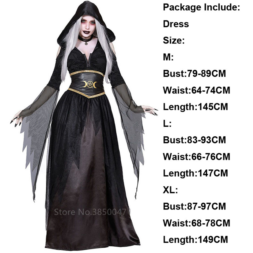 Witch Gothic Bride Halloween Dress for Women Scary Costume Skeleton Hodded Day of The Dead Carnival Party Vampire Cosplay horror alx