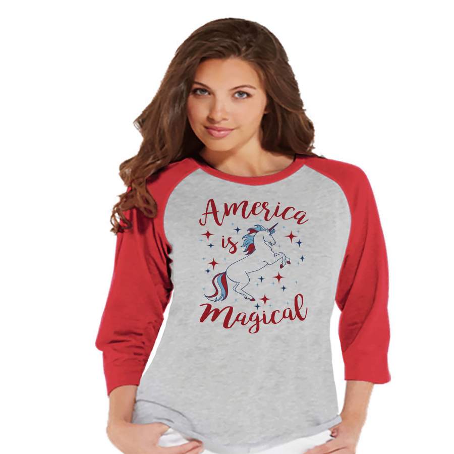 Women’s Unicorn Shirt – America is Magical – 4th of July Shirt – Unicorn T-shirt – Womens Red Raglan Tee – Patriotic Unicorn – Gift for Her