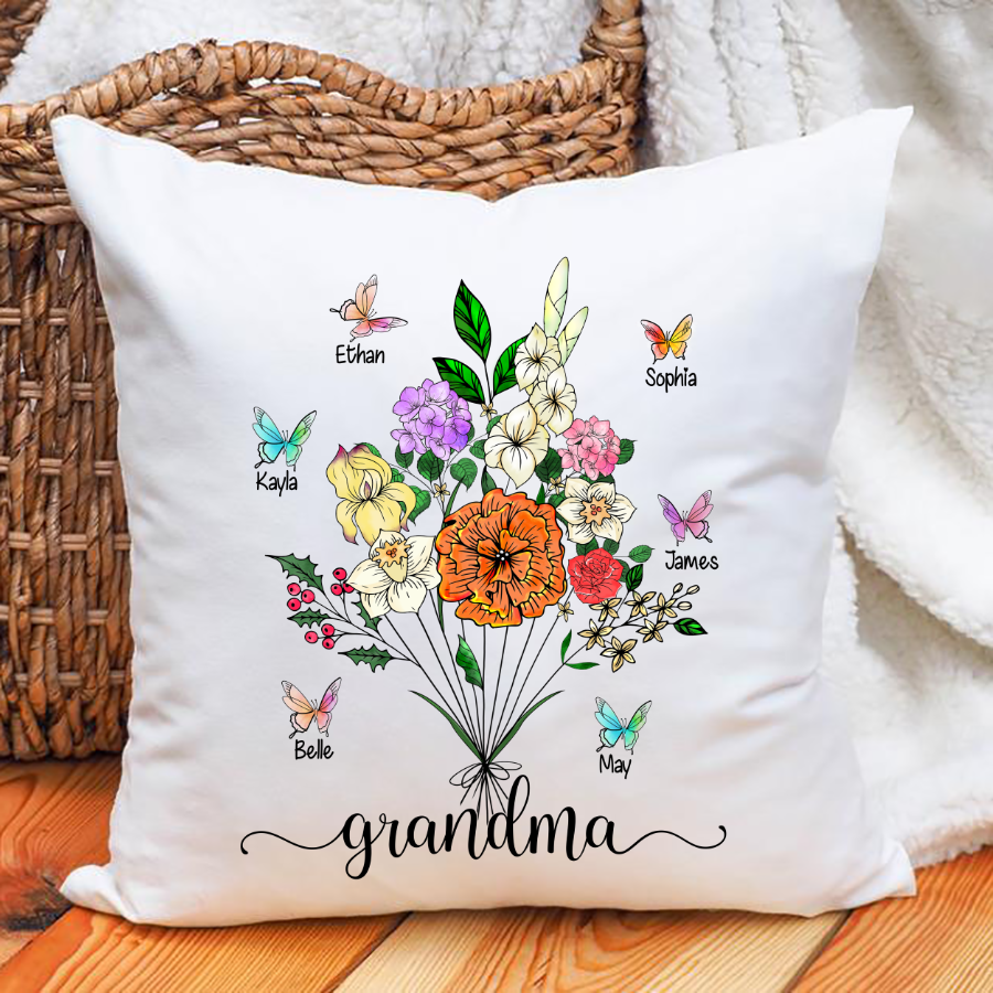 Personalized Grandma And Grandkids Flower Butterfly Indoor Pillow