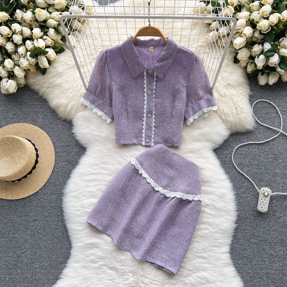 2022 Summer New Short-sleeved Small Fragrance Suit Women’s Retro Lace Lace Cardigan Short Top Skirt Foreign Style Two-piece Suit alx