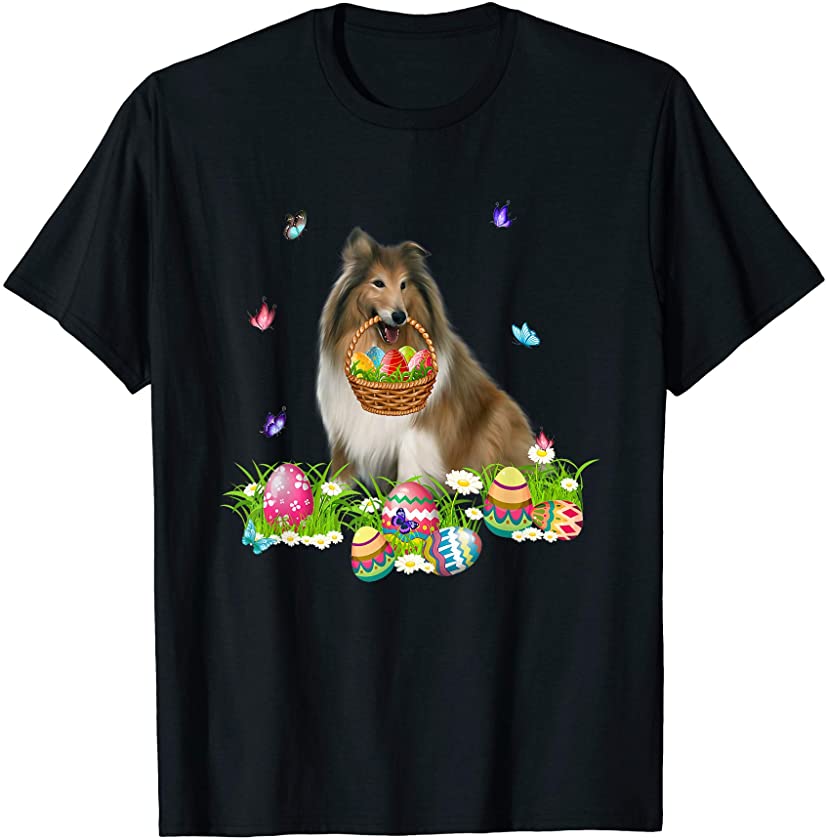 Rough Collie Bunny Dog With Easter Eggs Basket Butterflies T-Shirt