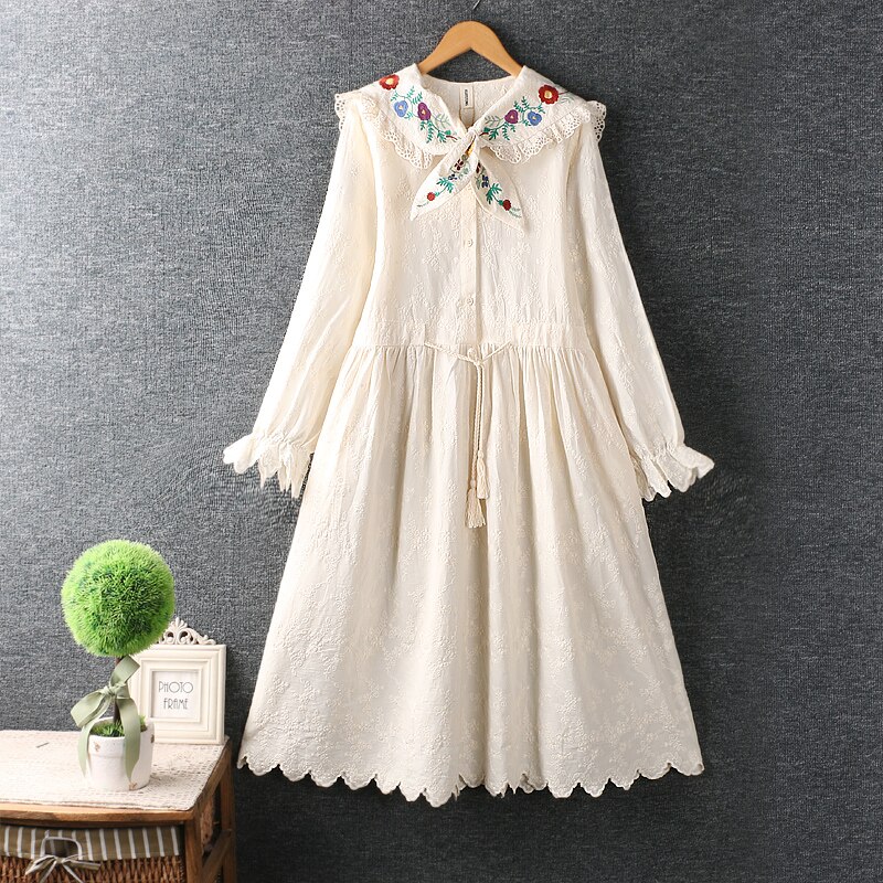 Autumn Mori Style Sweet Embroidered Thin Cotton Dress Women Long Sleeve Lolita Princess Midi Dress 15071 alx