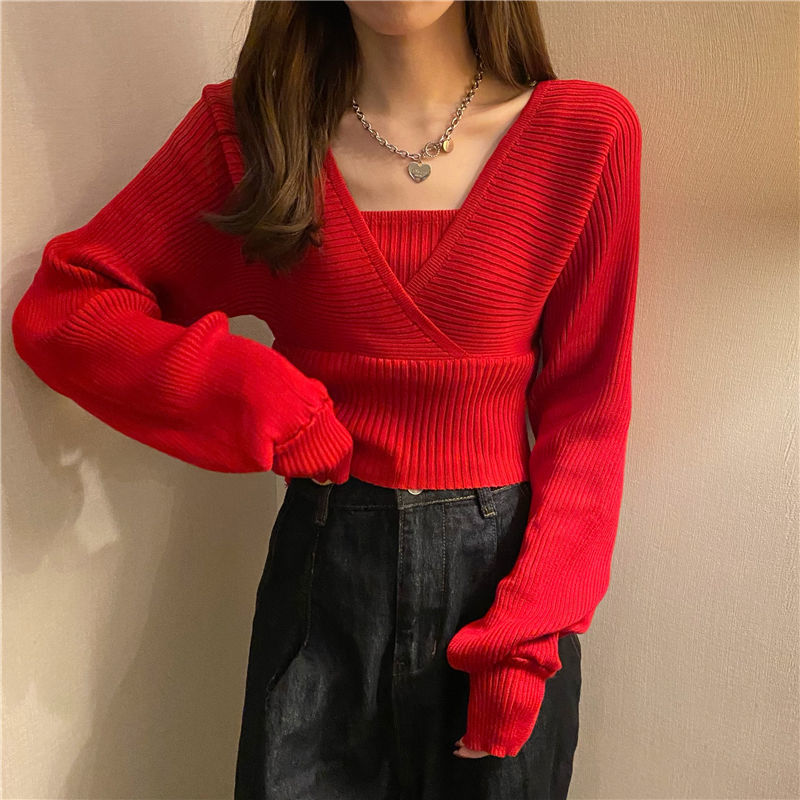 Autumn Women Sweaters Casual Puff Long Sleeve Short Jumper Sexy Cross V Neck Fake Two Pieces Sweater Korean Slim Bottom Knitwear alx