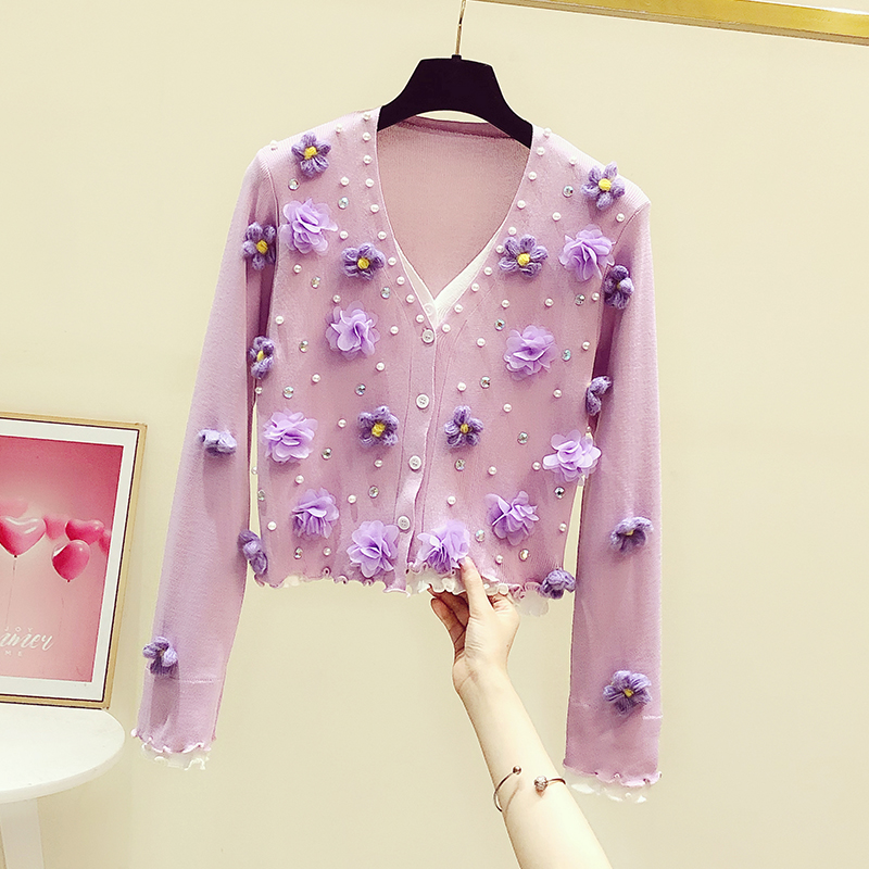 Sweet Handmade Beaded Sequins Three-Dimensional Flower V-neck Knitted Cardigan Women Spring Autumn New Sweater Coat Fashion alx